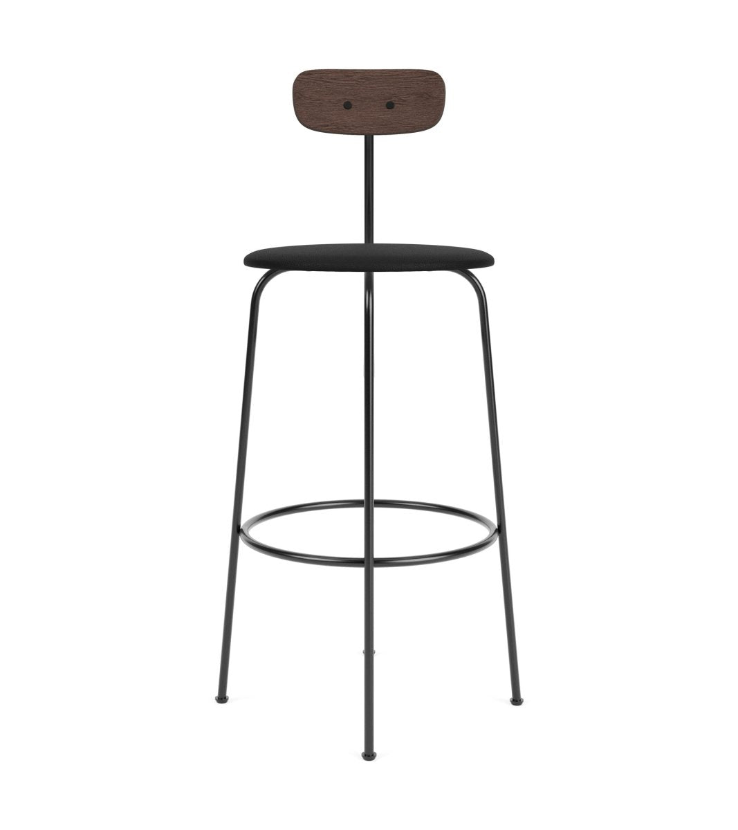 Afteroom Bar Chair with an upholstered black Sierra leather seat, dark stained oak backrest, and a black metal frame.