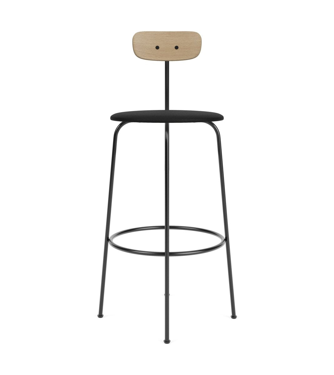 Afteroom Bar & Counter Chair with a natural oak backrest and black Sierra upholstered seat on a black steel frame.