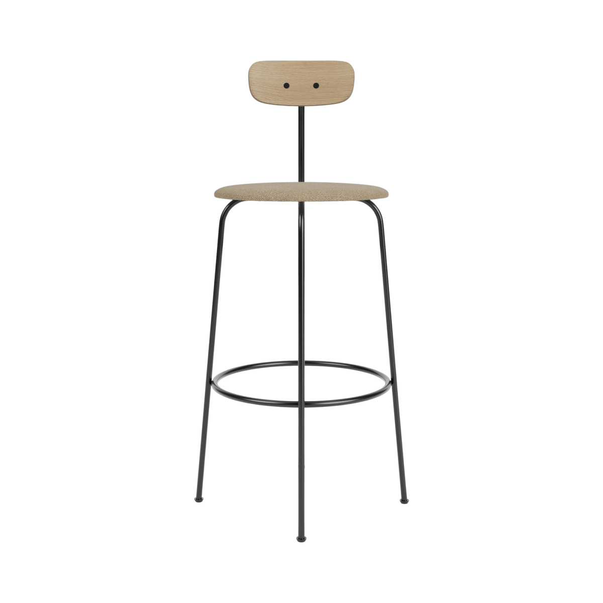 Afteroom Bar Chair featuring a natural oak backrest, beige Bouclé 02 upholstered seat, and a four-legged black steel frame.