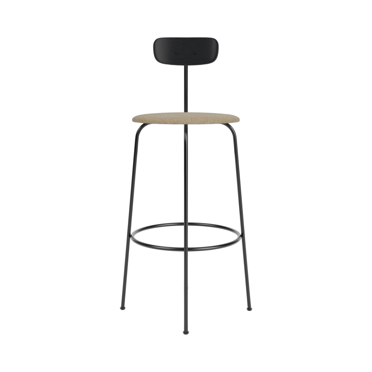 Afteroom Bar Chair featuring a black steel frame, black painted oak backrest, and beige Audo Bouclé upholstered seat.