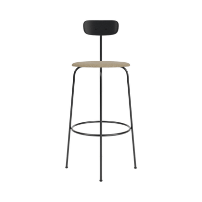 Afteroom Bar Chair featuring a black steel frame, black painted oak backrest, and beige Audo Bouclé upholstered seat.