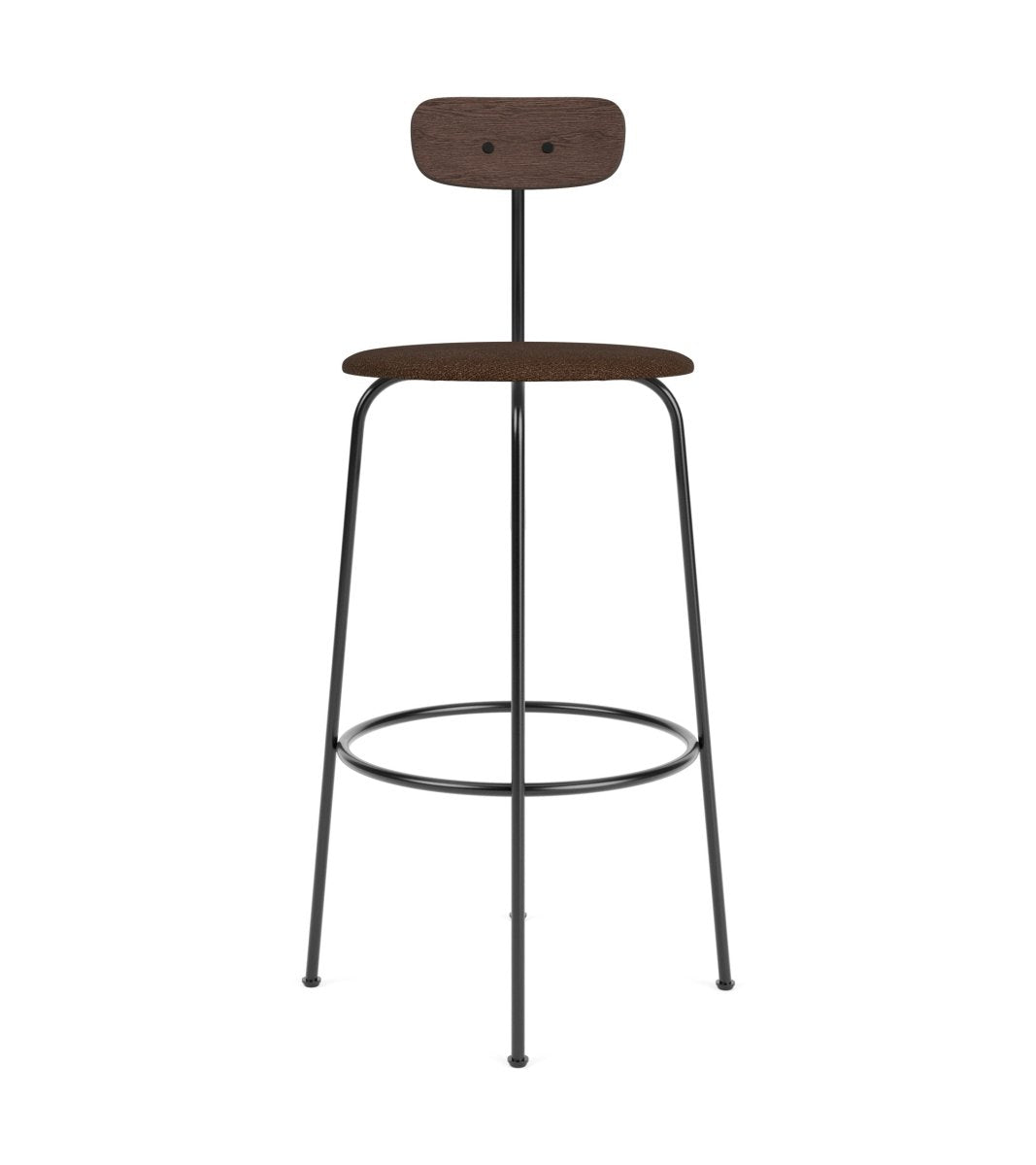 Afteroom Bar & Counter Chair featuring a dark stained oak backrest and brown upholstered seat on a black steel frame.