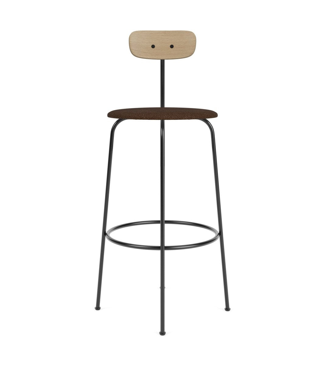 Afteroom Bar Chair featuring a natural oak backrest and dark brown bouclé upholstered seat on a black steel frame.