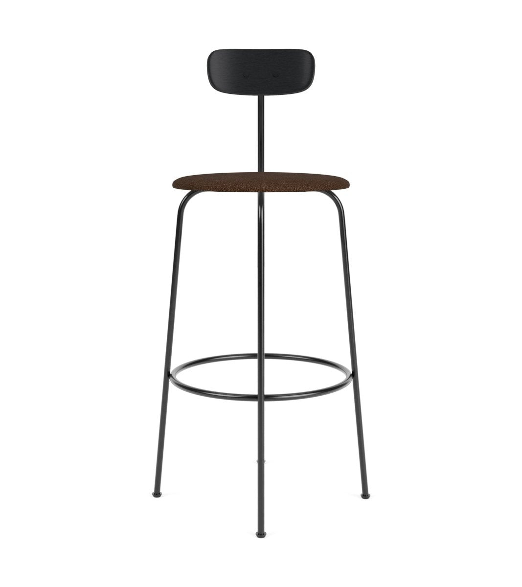Afteroom Bar Chair featuring a brown bouclé upholstered seat, black painted oak backrest, and a slim black steel frame.