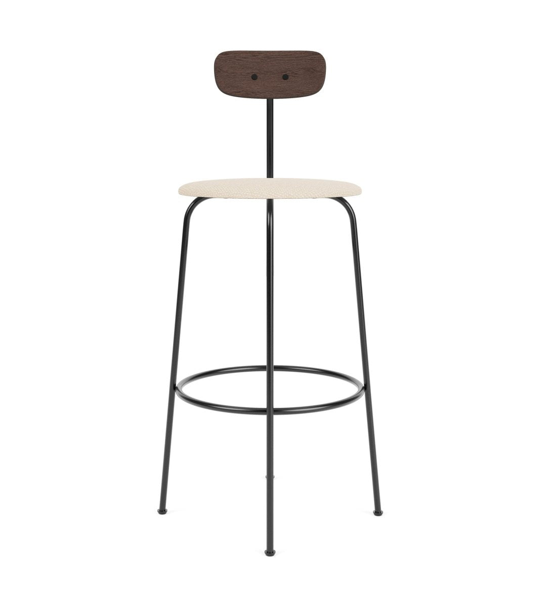Afteroom Bar & Counter Chair with a black steel frame, Logan Jasmine upholstered seat and a dark stained oak backrest.