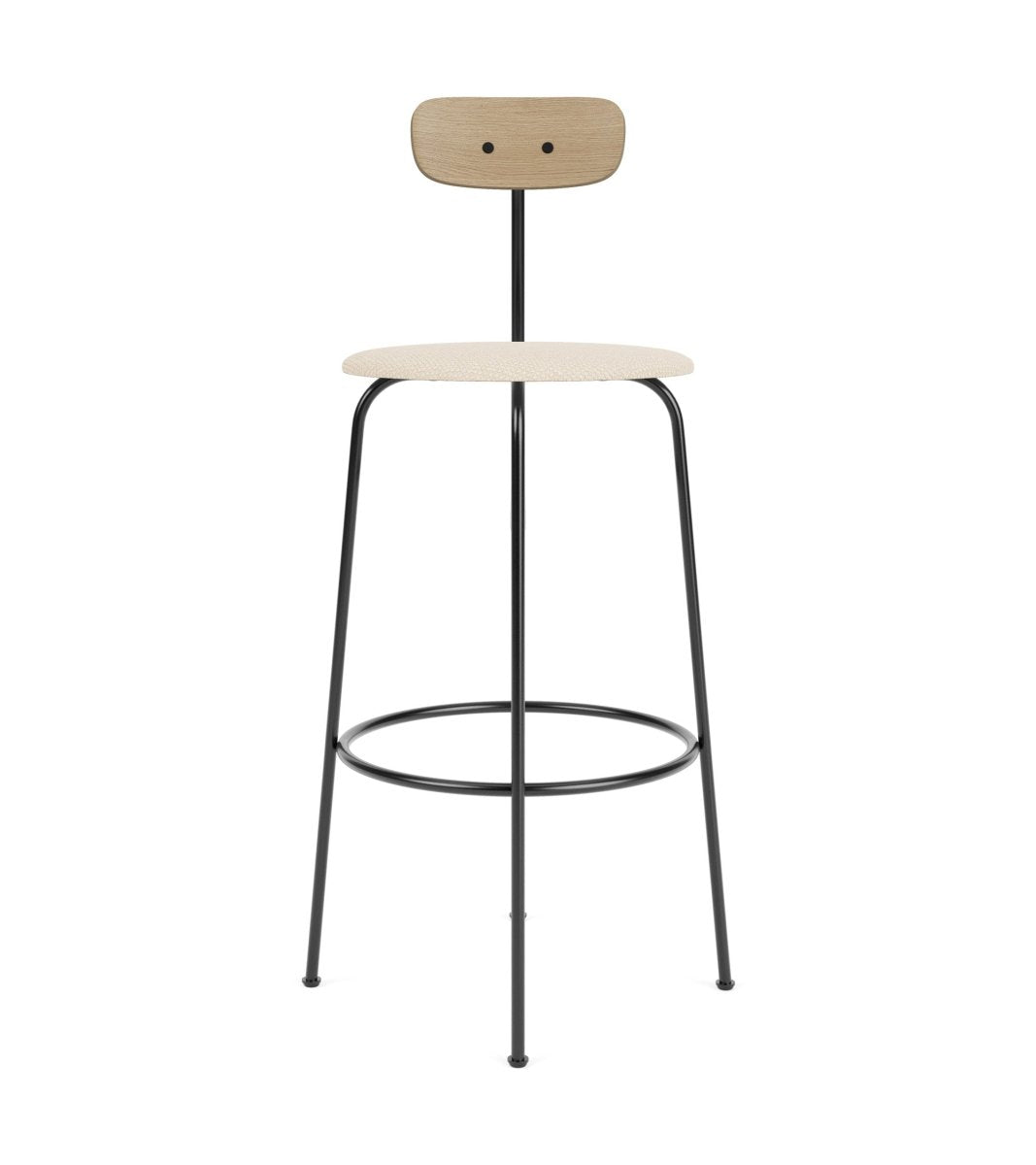 Afteroom Bar Chair featuring a natural oak backrest and Jasmine upholstered seat with a black steel frame.