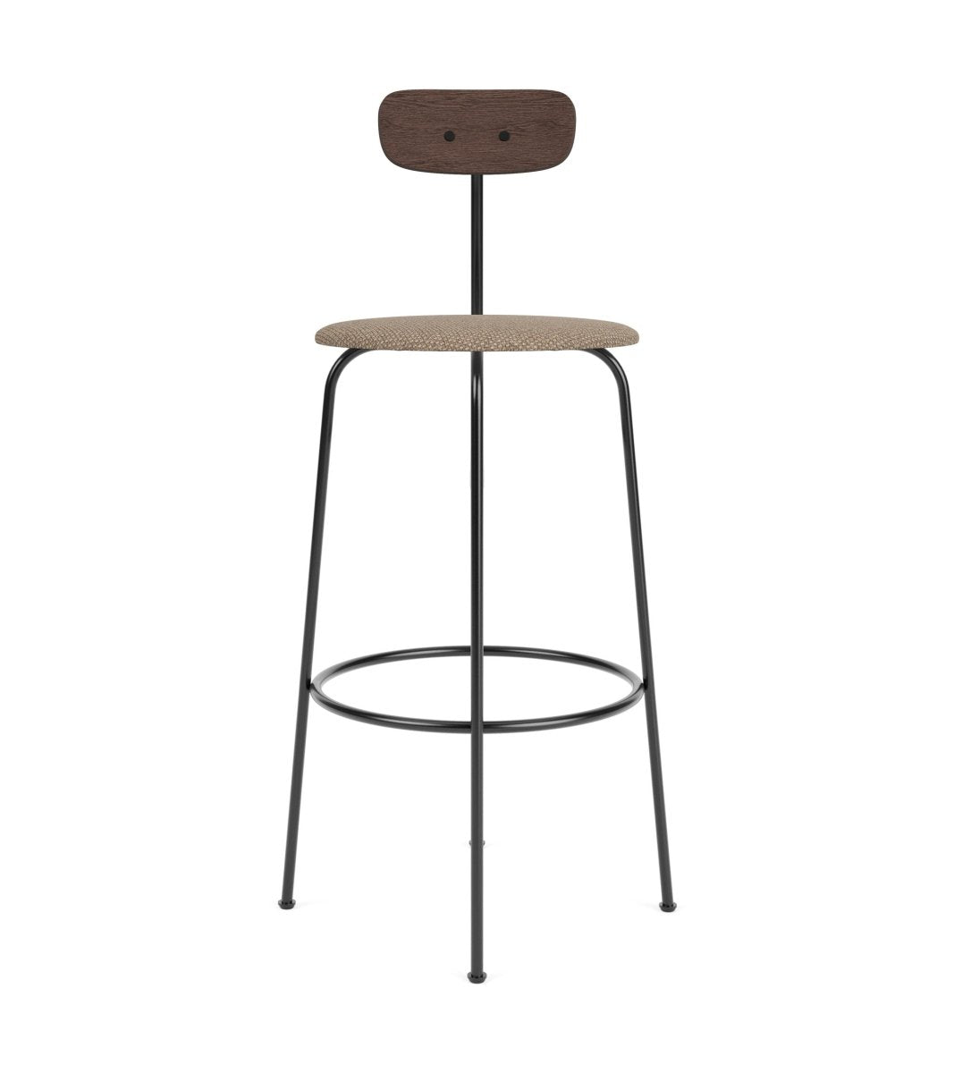 Afteroom Bar Chair with a black powder-coated steel frame, dark stained oak backrest and Logan Flint upholstered seat.