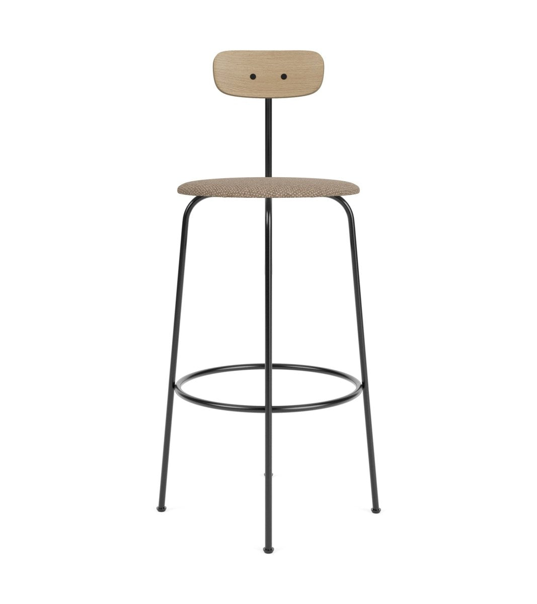 Afteroom Bar & Counter Chair with a natural oak backrest, flint upholstered seat, and black powder-coated steel frame.