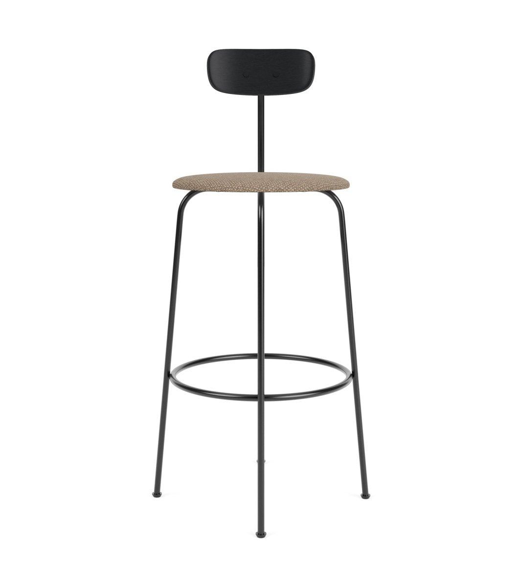 Afteroom Bar Chair featuring a Logan Flint upholstered seat and black oak backrest on a black steel frame.