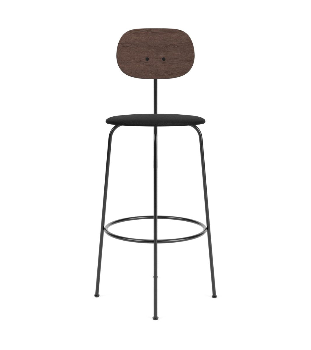 Afteroom Plus Bar & Counter Chair with a dark stained oak backrest and black leather upholstered seat on a black steel frame.