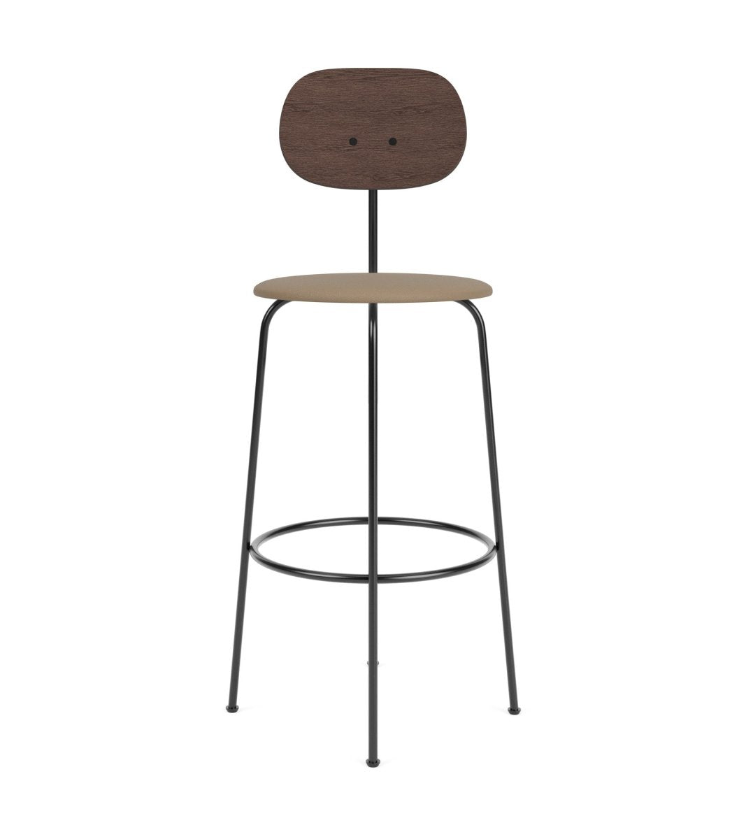 Afteroom Plus Bar Chair featuring a dark-stained oak backrest and tan Sierra 1611 leather seat on a black steel frame.