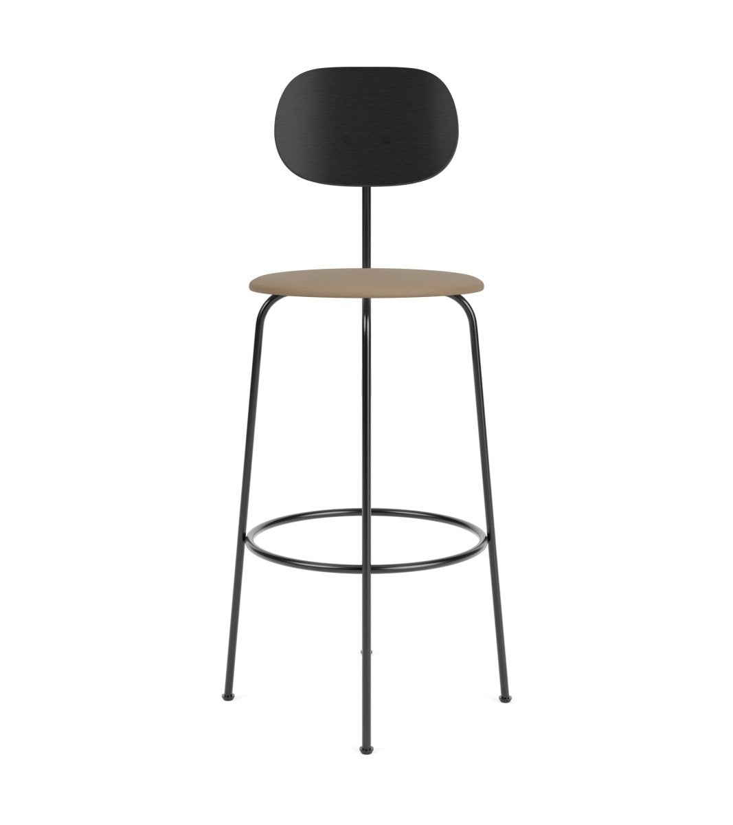 Minimalist Afteroom Plus Bar & Counter Chair with a black painted oak backrest and tan Sierra 1611 upholstered seat.