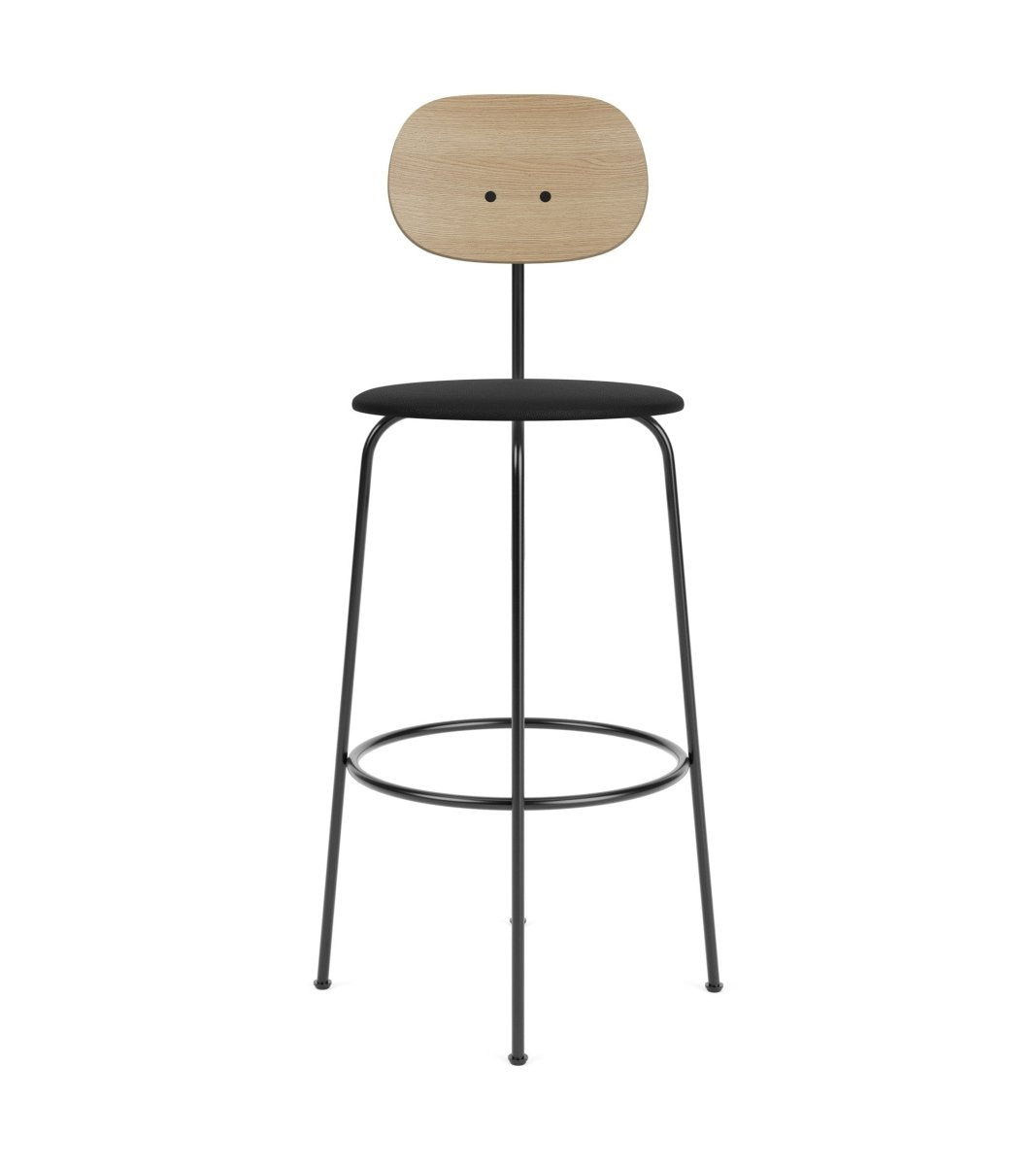 Afteroom Plus Bar Chair featuring a natural oak backrest and black Sierra leather seat on a black steel frame.