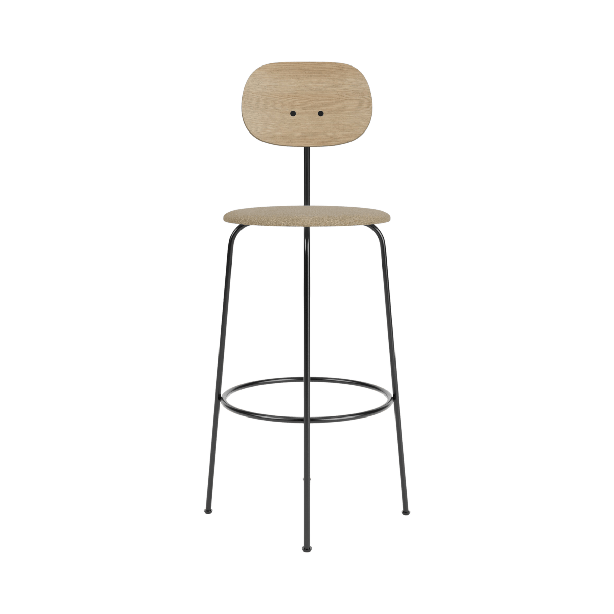 Afteroom Plus Bar Chair with a natural oak wood backrest, beige Bouclé 02 upholstered seat, and a black steel frame.