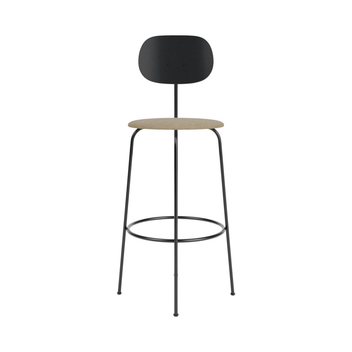 Afteroom Plus Bar Chair with a black painted oak backrest and a tan Bouclé 02 upholstered seat on a black frame.