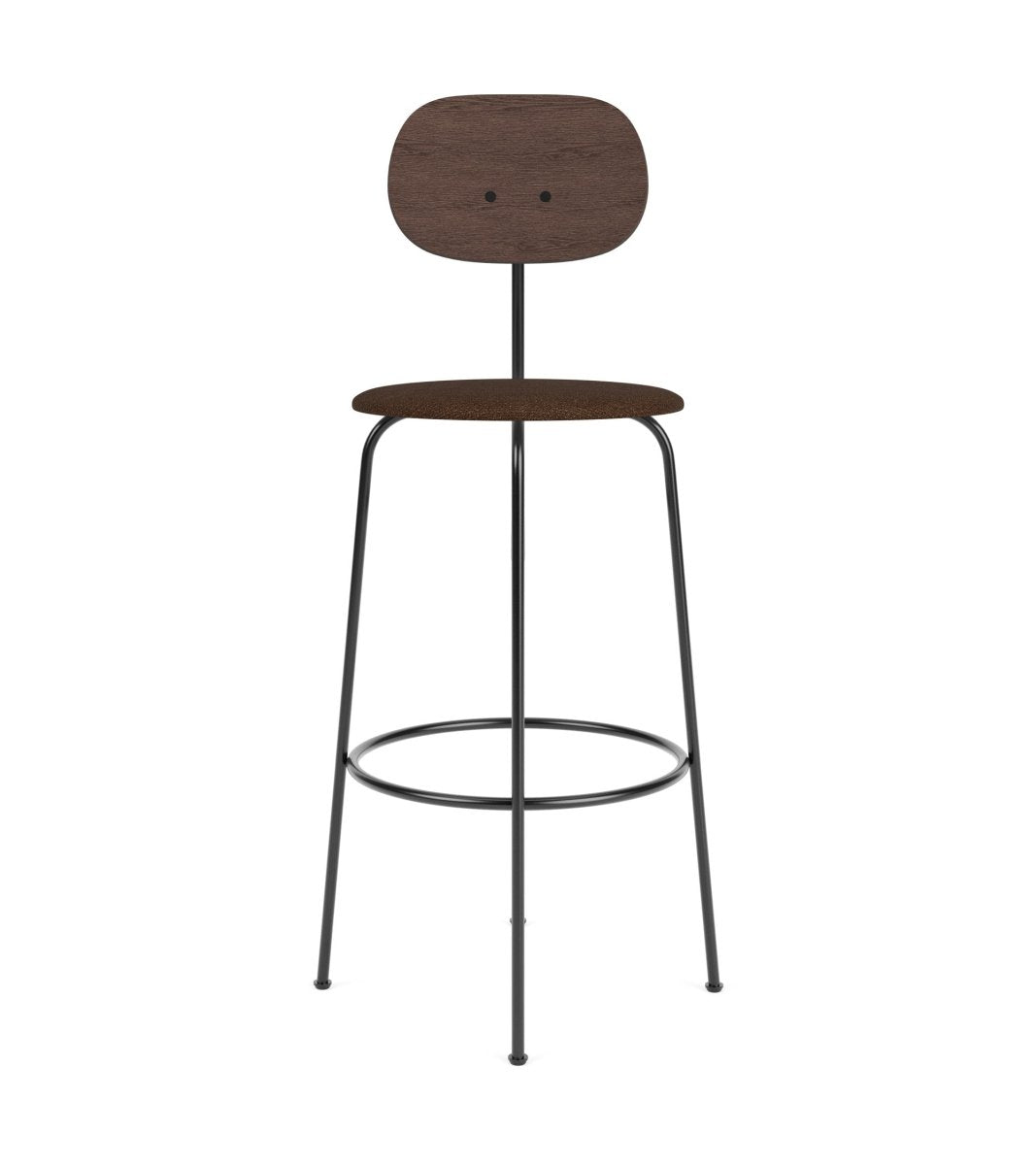 Afteroom Plus Bar & Counter Chair with a dark stained oak backrest, brown upholstered seat, and black steel frame.