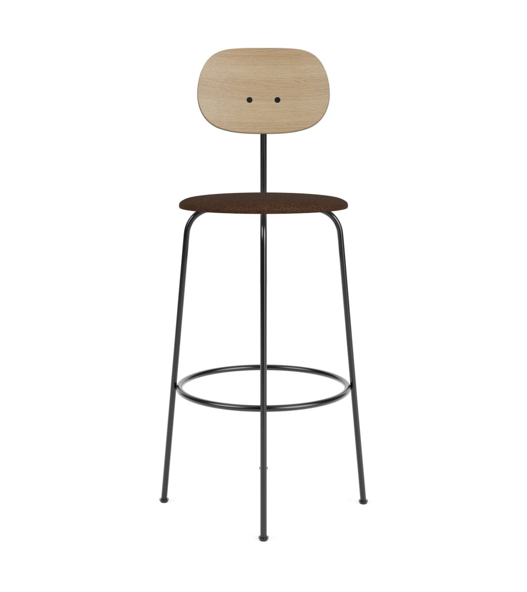 Afteroom Plus Bar & Counter Chair with natural oak backrest and brown upholstered seat on a slender black metal frame.