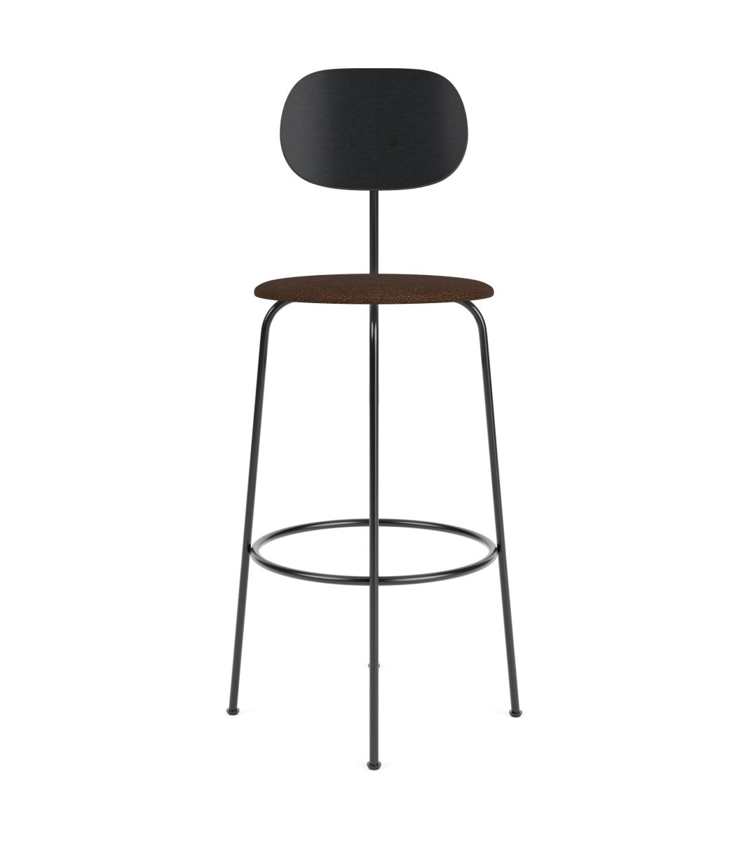 Afteroom Plus Bar Chair featuring a black painted oak backrest and a brown boucle upholstered seat on a black frame.