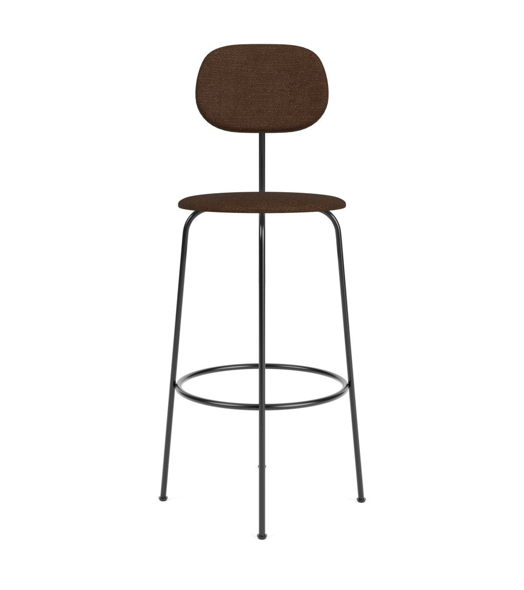 Afteroom Plus Bar & Counter Chair featuring dark brown upholstery and a slender black powder-coated metal frame.