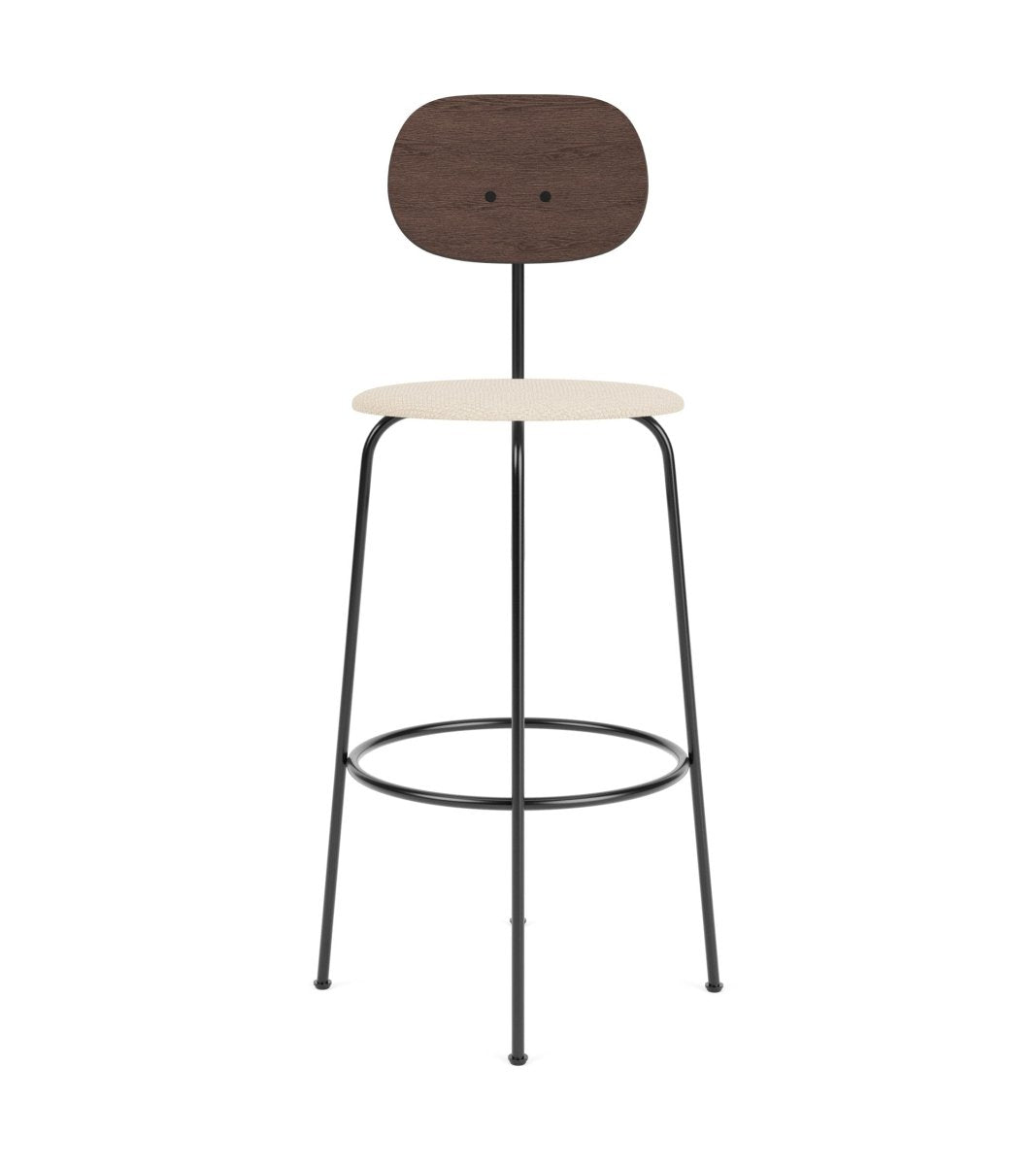 Afteroom Plus Bar & Counter Chair featuring a dark stained oak backrest, jasmin upholstered seat, and black steel frame.