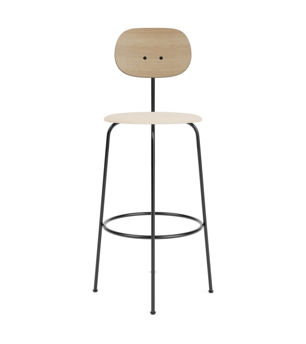 Afteroom Plus Bar & Counter Chair with a natural oak backrest and Jasmin upholstered seat on a black metal frame.