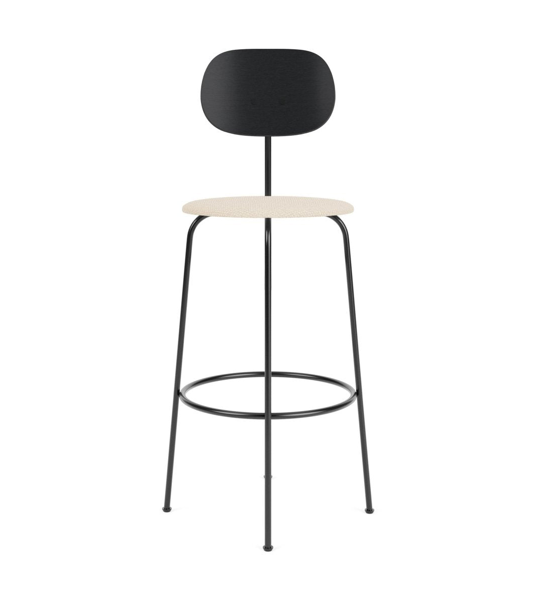 Afteroom Plus Bar Chair with a black stained oak backrest and jasmin upholstered seat on a minimalist black metal frame.