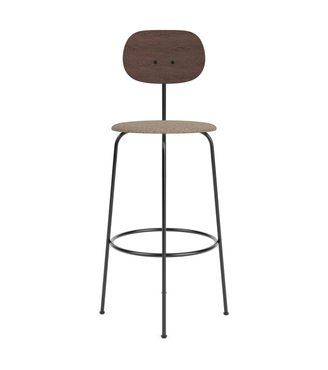 Afteroom Plus Bar & Counter Chair in stained oak with Logan Flint upholstered seat and black powder-coated frame.