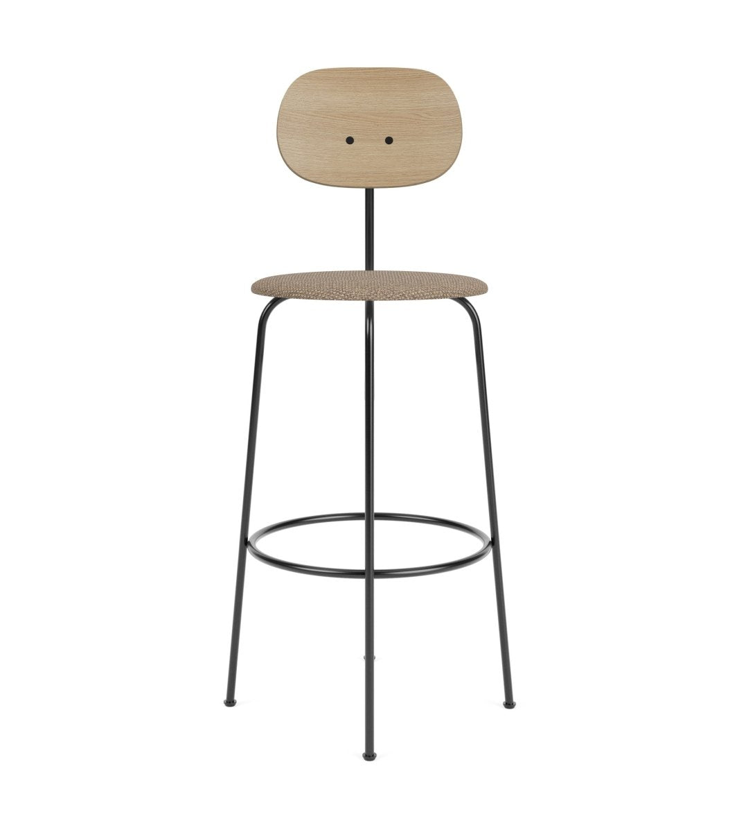 Afteroom Plus Bar & Counter Chair with natural oak backrest and flint upholstered seat on a black powder-coated frame.