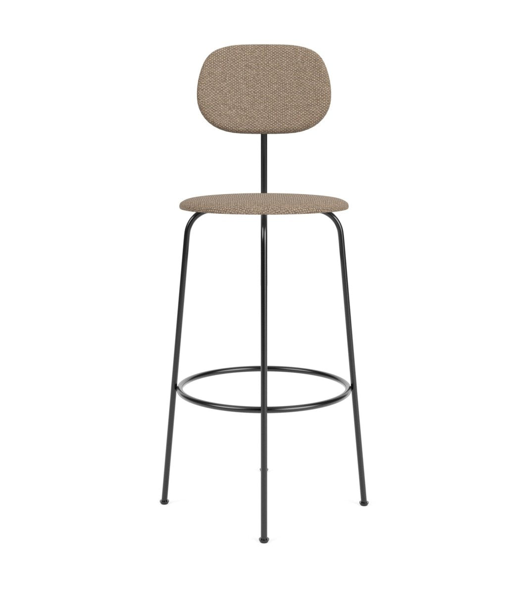 Afteroom Plus Bar & Counter Chair with a black powder-coated metal frame and beige textured bouclé upholstery.