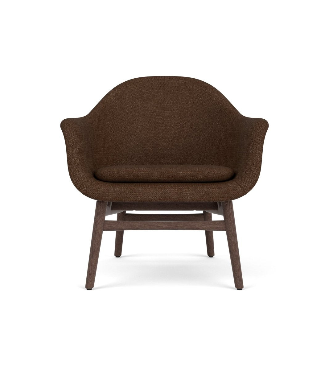 Harbour Lounge Chair seen from the front, upholstered in dark brown Audo Bouclé 07 with a dark stained oak frame.