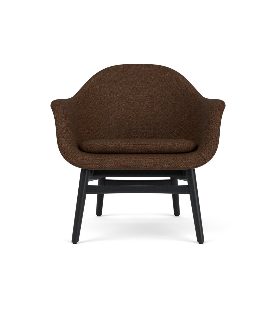 Front view of the Harbour Lounge Chair upholstered in brown Audo Bouclé 07 with a black painted oak frame.