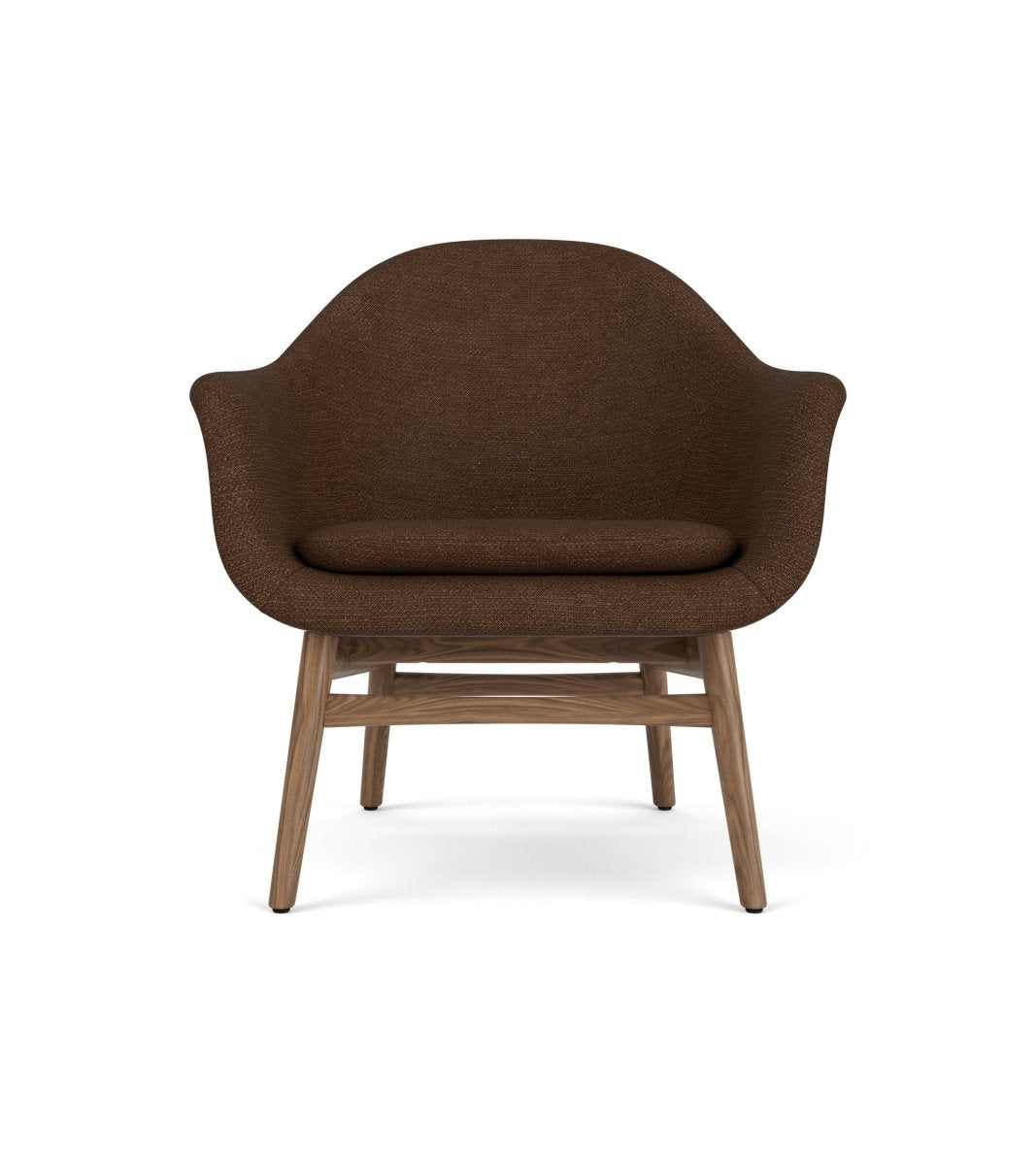 Front view of the Harbour Lounge Chair featuring brown bouclé upholstery and a solid walnut base.