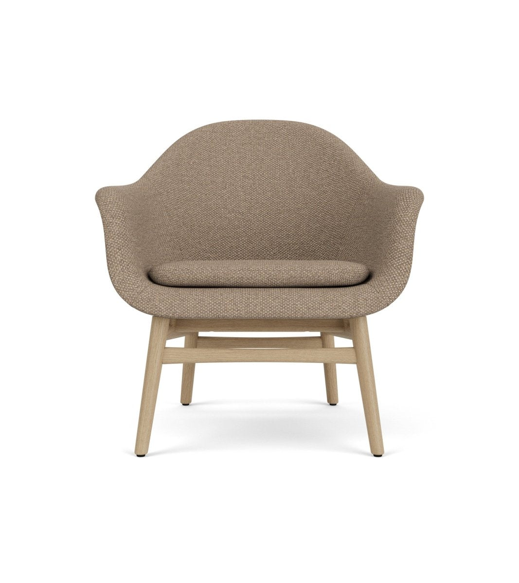 Harbour Lounge Chair seen from the front, featuring textured Logan Flint upholstery and a minimalist natural oak frame.