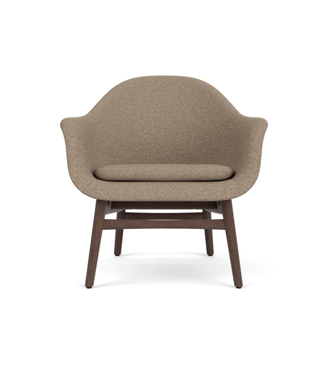 Front view of the Harbour Lounge Chair featuring textured Logan Flint upholstery and a dark stained oak frame.