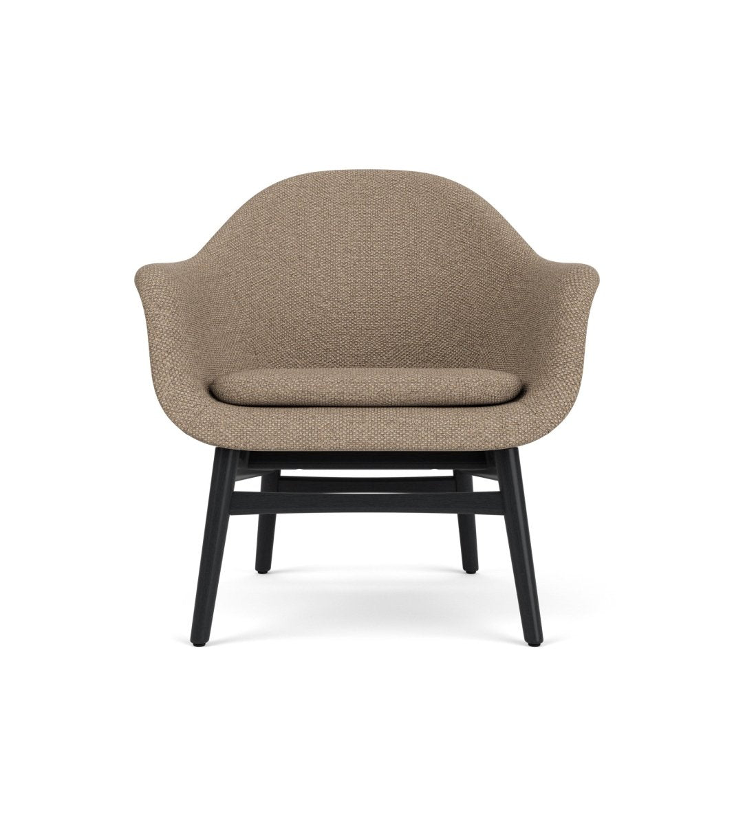 Front view of the Harbour Lounge Chair with a black painted oak frame and textured Logan Flint fabric upholstery.
