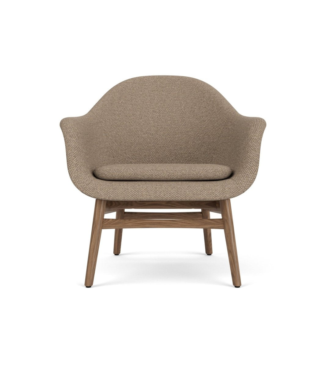 Front view of the Harbour Lounge Chair upholstered in Logan Flint with a solid walnut wood frame.