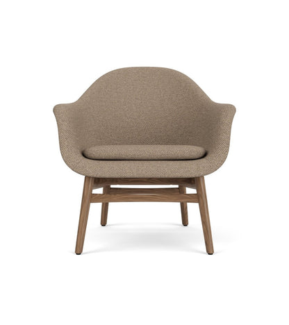 Front view of the Harbour Lounge Chair upholstered in Logan Flint with a solid walnut wood frame.