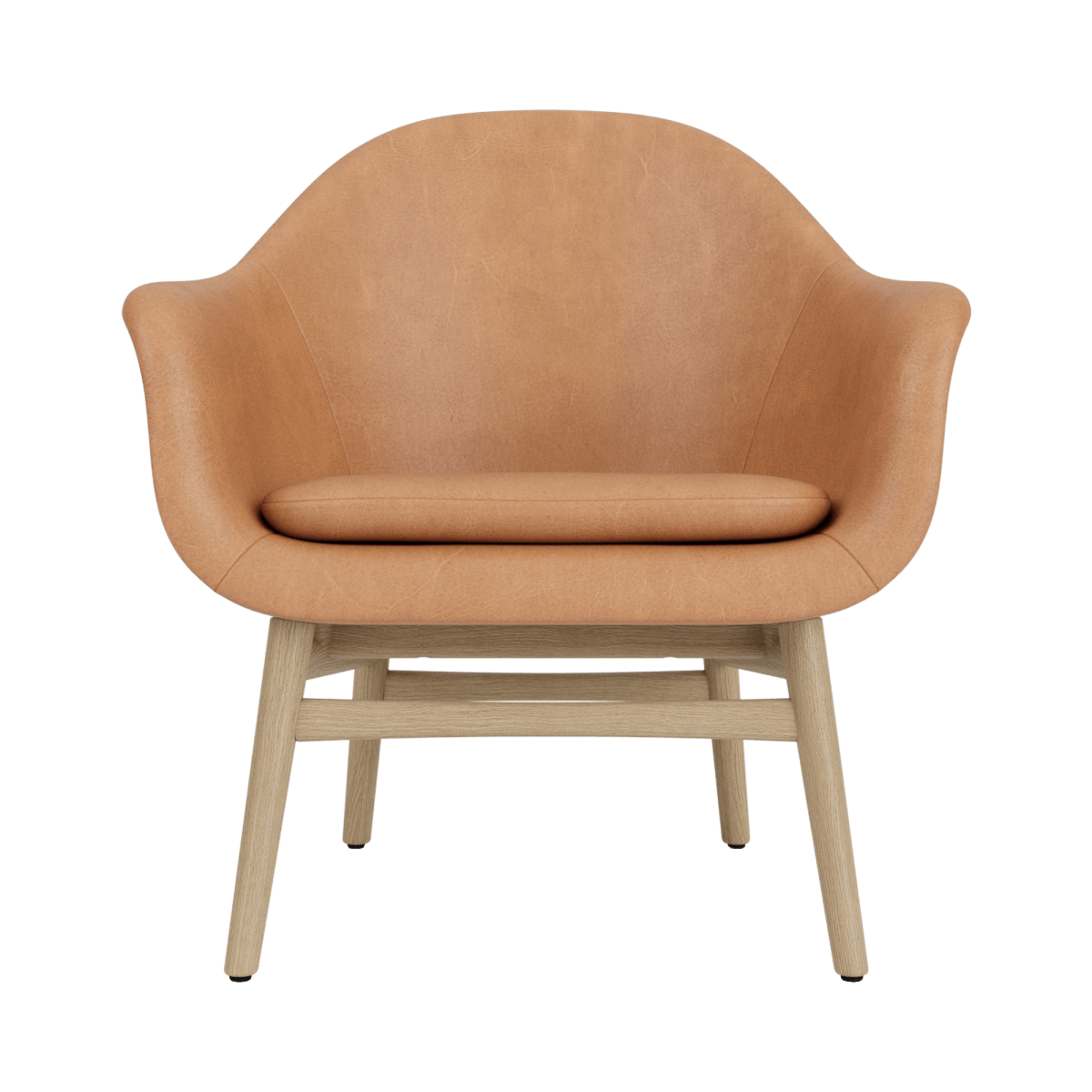 Front view of the Harbour Lounge Chair upholstered in camel Dunes leather with a natural oak frame.