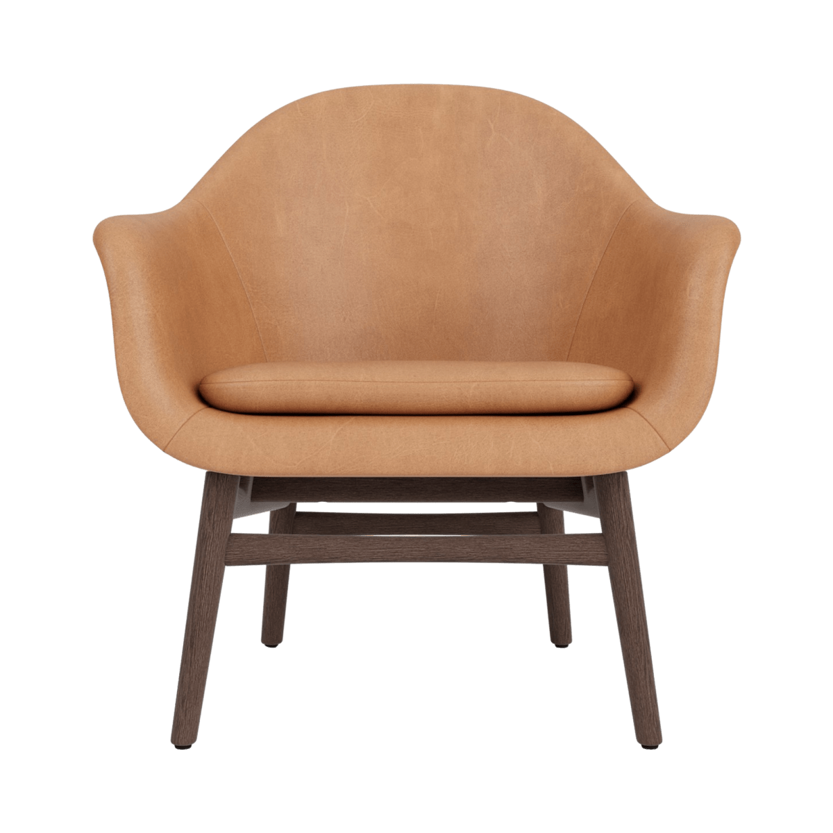 Front view of the Harbour Lounge Chair upholstered in camel leather with a dark-stained oak wood base.