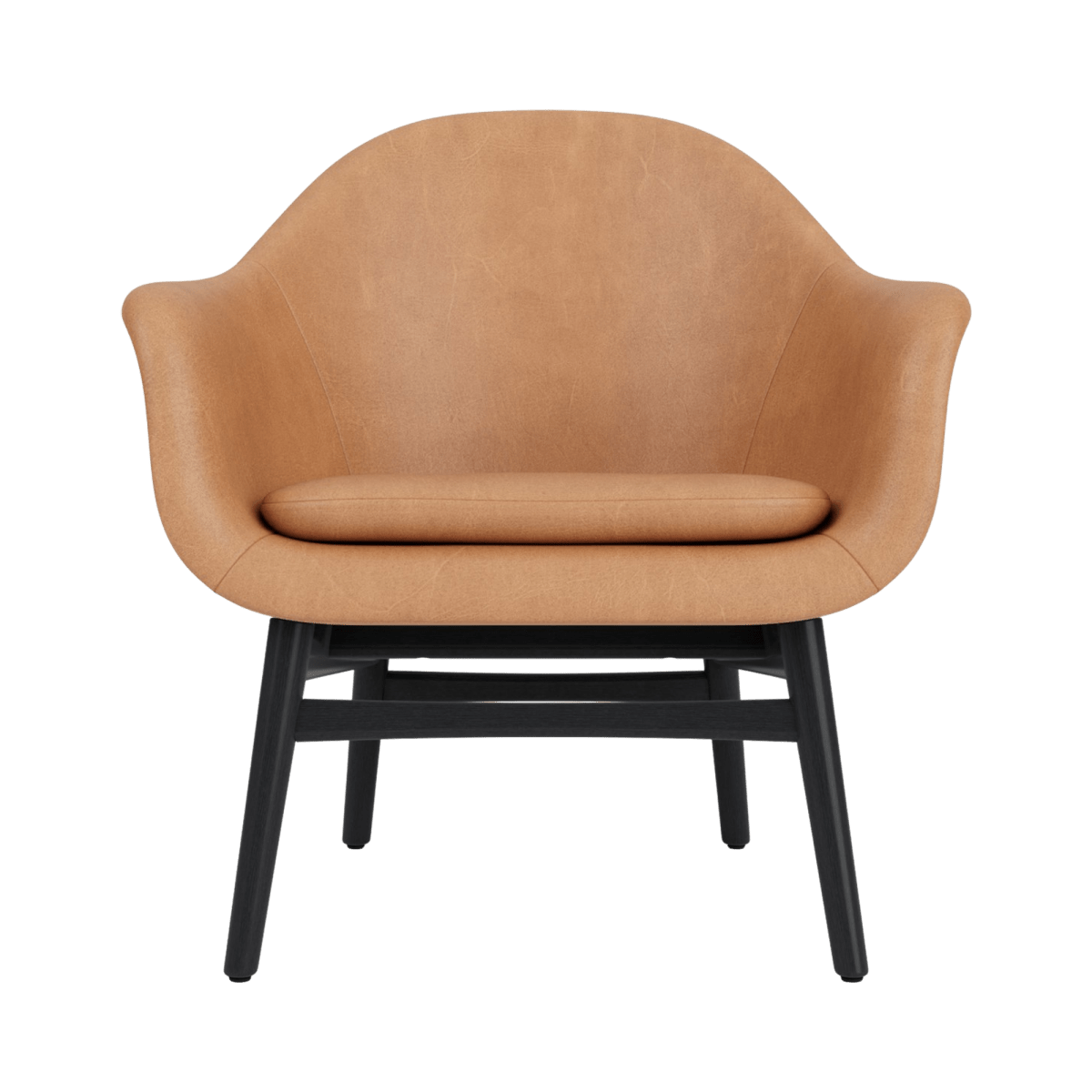 Front view of the Harbour Lounge Chair featuring a black painted oak frame and Dunes Camel leather upholstery.