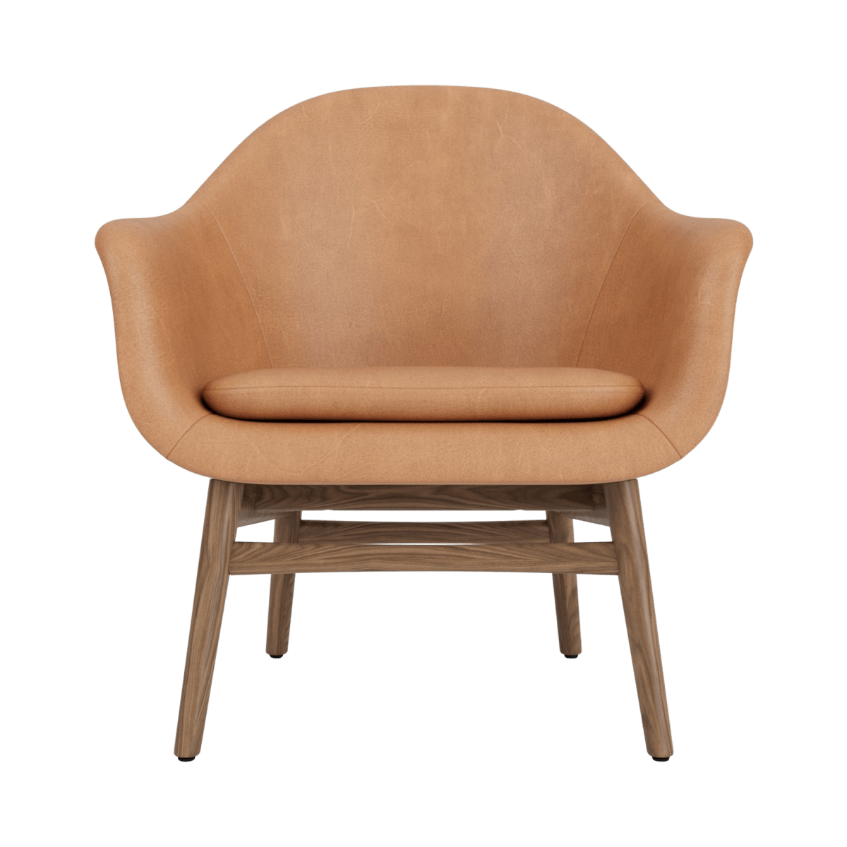 Front view of the Harbour Lounge Chair upholstered in camel Dunes leather with a solid walnut wood frame.