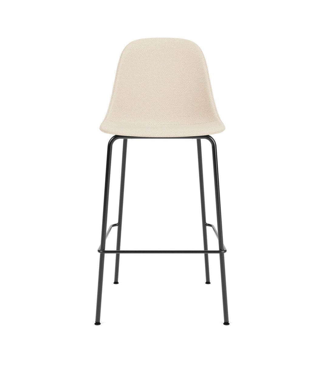 Front view of the beige upholstered Harbour Side Chair, Counter & Bar Height, with a black powder-coated steel base.