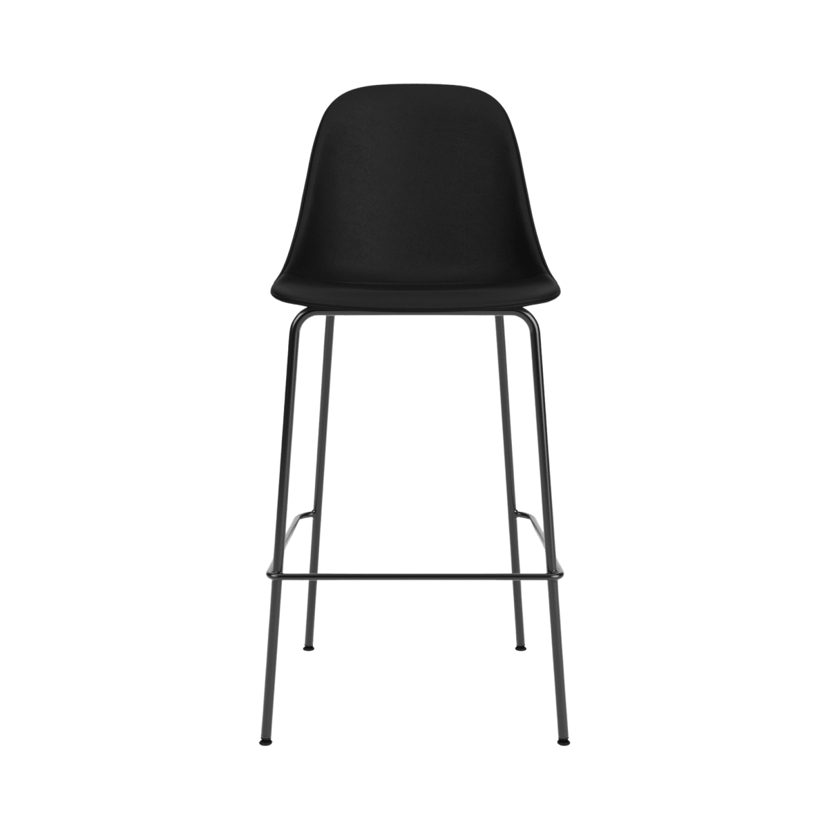 Front view of the Harbour Side Chair, Bar Height, in black Sierra leather upholstery with black powder-coated steel legs.