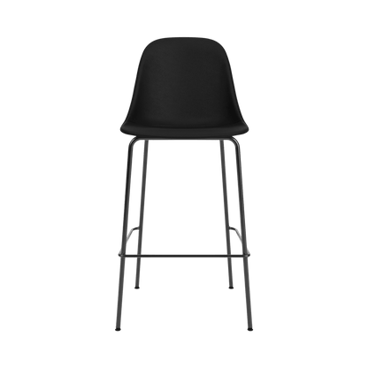 Front view of the Harbour Side Chair, Bar Height, in black Sierra leather upholstery with black powder-coated steel legs.