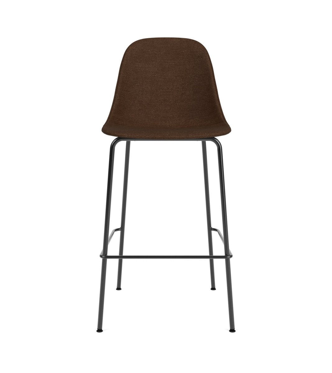 Front view of the Harbour Side Chair, Counter & Bar Height, in dark brown boucle upholstery and black steel legs.