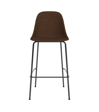 Front view of the Harbour Side Chair, Counter & Bar Height, in dark brown boucle upholstery and black steel legs.