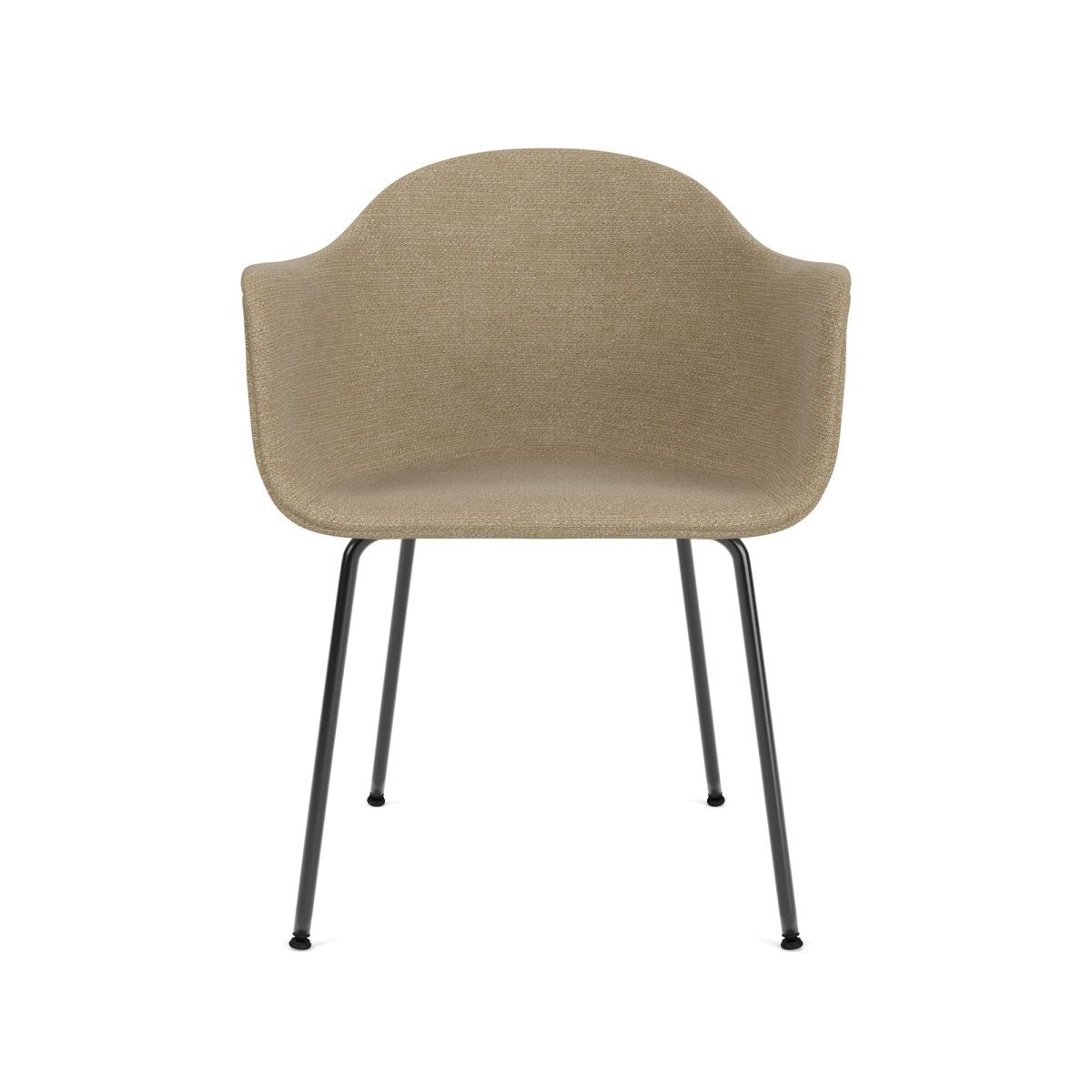 Front view of the Harbour Arm Chair featuring a beige boucle upholstered shell and slim black steel legs.