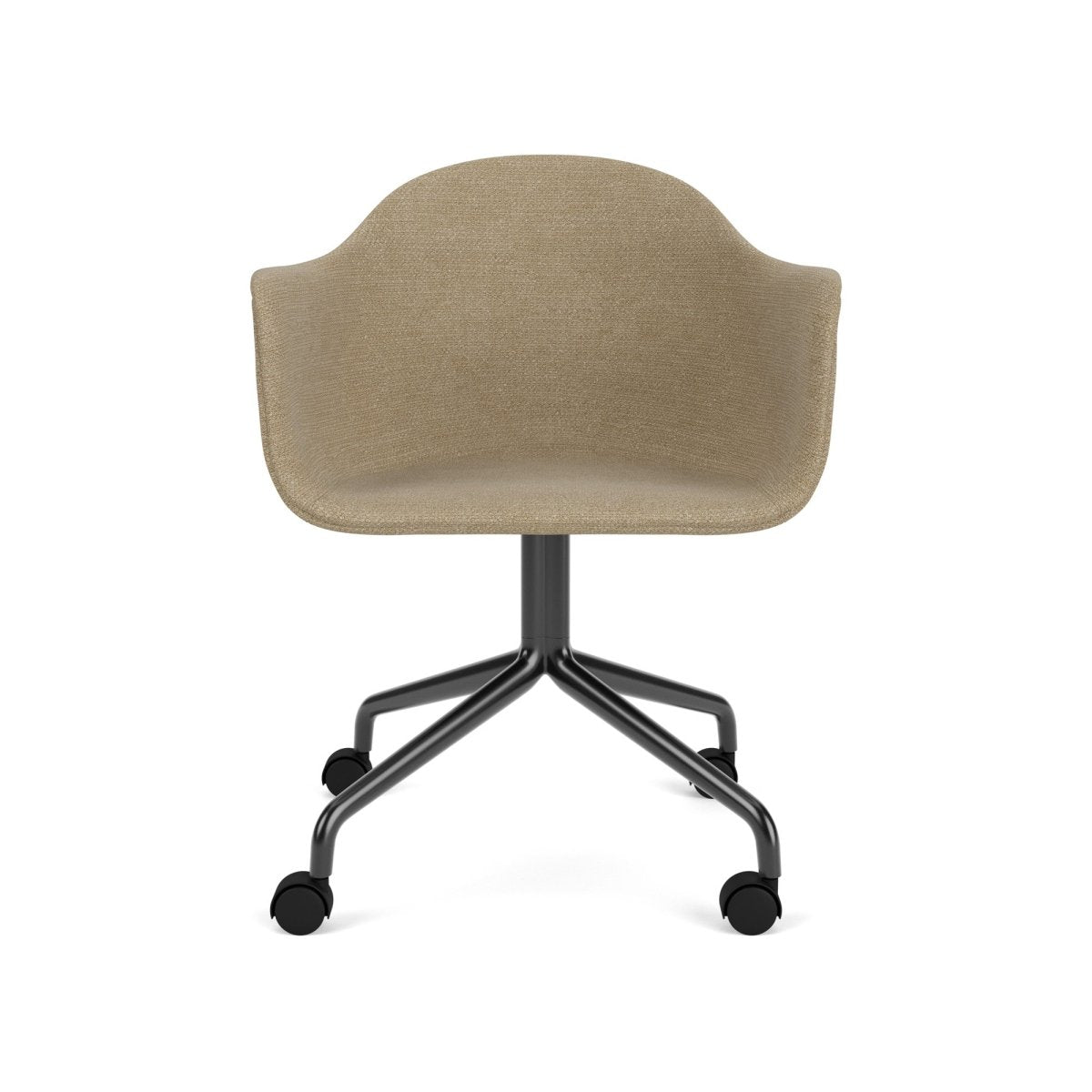 Harbour Arm Chair featuring beige boucle upholstery and a black star base with casters, seen from a front perspective.
