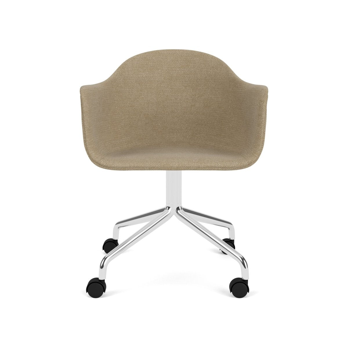 Harbour Arm Chair in beige Audo Bouclé 02 with a polished aluminum star base and casters, shown from the front.