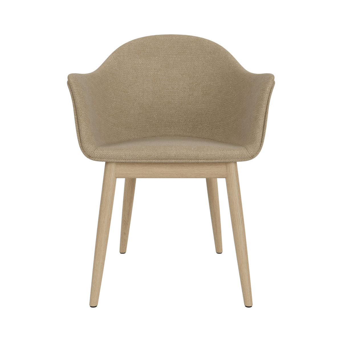 Front view of the Harbour Arm Chair with a natural oak base and beige Audo Bouclé 02 upholstered shell.